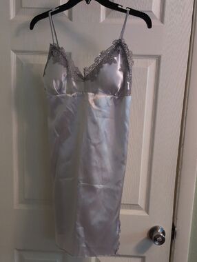 Silver Satin Lace Chemise Slip Dress - Women's Intimates
